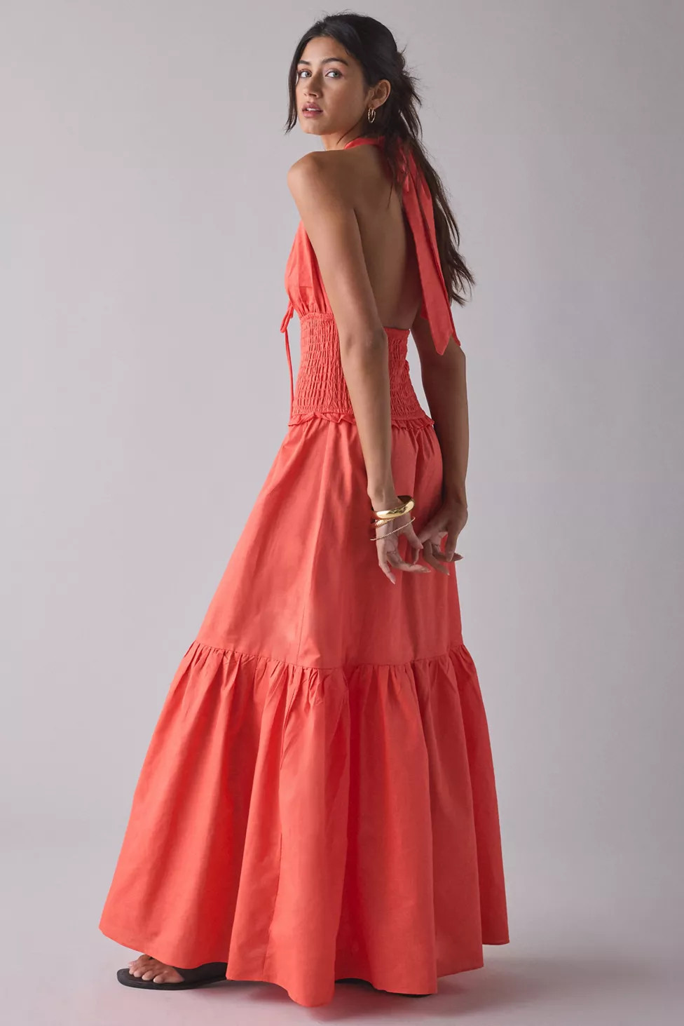Glamorous Coral Plunge Halter Drop Waist Tiered Maxi Dress | Urban Outfitters (US and RoW)
