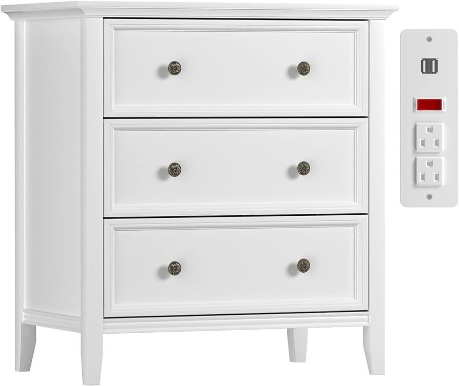 IKENO White Nightstand with 3 Drawers and Charging Station, Solid Wood Nightstand Organizer for B... | Amazon (US)