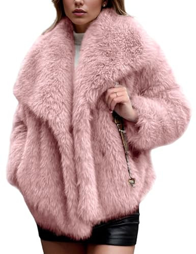 Gihuo Women's Faux Fur Winter Coat Plush Long Sleeve Fluffy Jacket Lapel Furry Shaggy Winter Jackets (Small, Pink) | Amazon (US)
