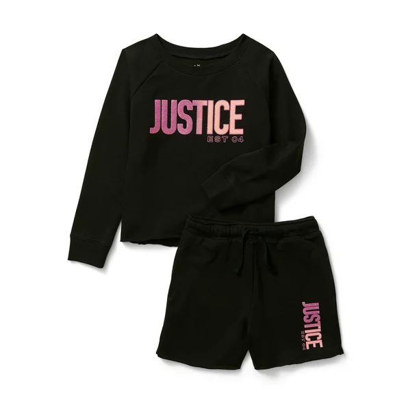 Justice Girls Fleece Lounge Sweatshirt & Midi Short 2-Piece Outfit Set, Sizes XS-XLP - Walmart.co... | Walmart (US)