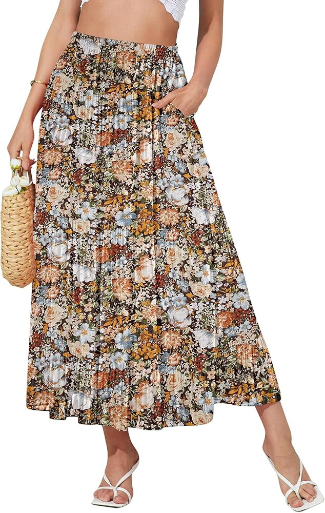 NASHALYLY Women's High Waisted Maxi Skirt,Elastic Chiffon Boho Long Skirt with Pockets | Amazon (US)