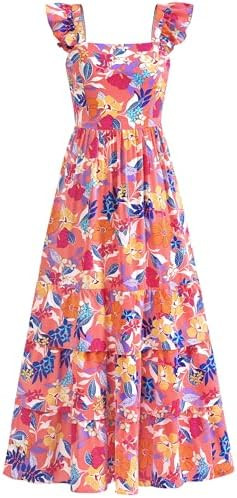 dowerme Summer Dresses for Women 2026 Casual Ruffle Smocked Tiered A-Line Boho Floral Maxi Beach ... | Amazon (US)