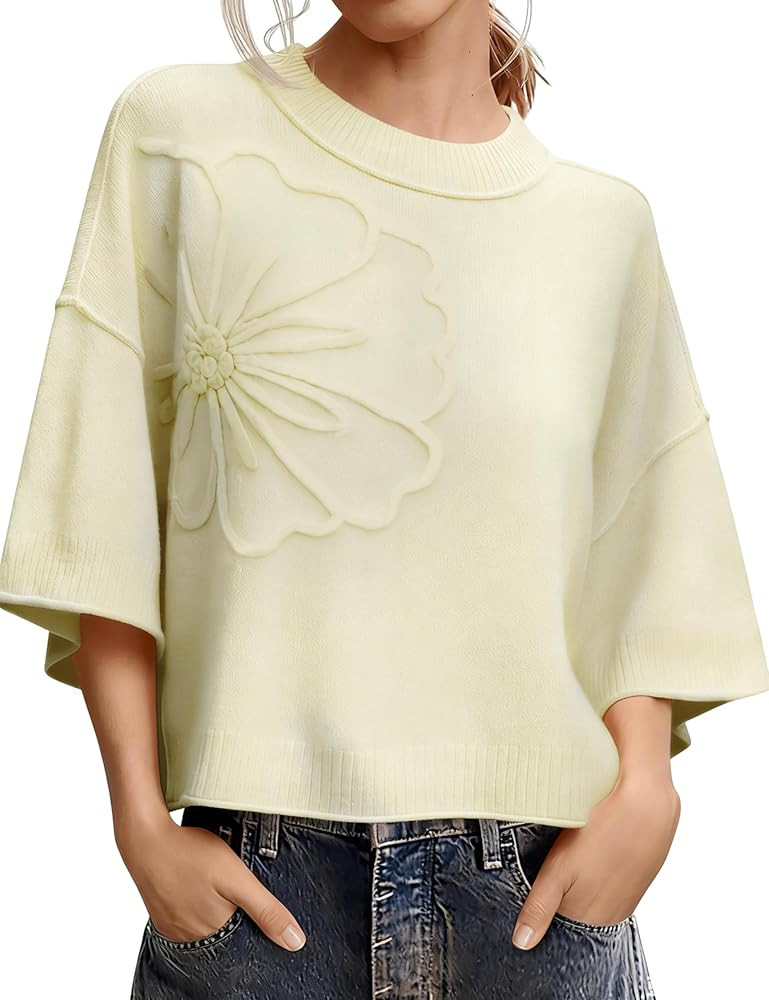 Women's Short Sleeve Sweaters Crew Neck 3D Flower Loose Fit 2026 Spring Summer Lightweight Casual... | Amazon (US)