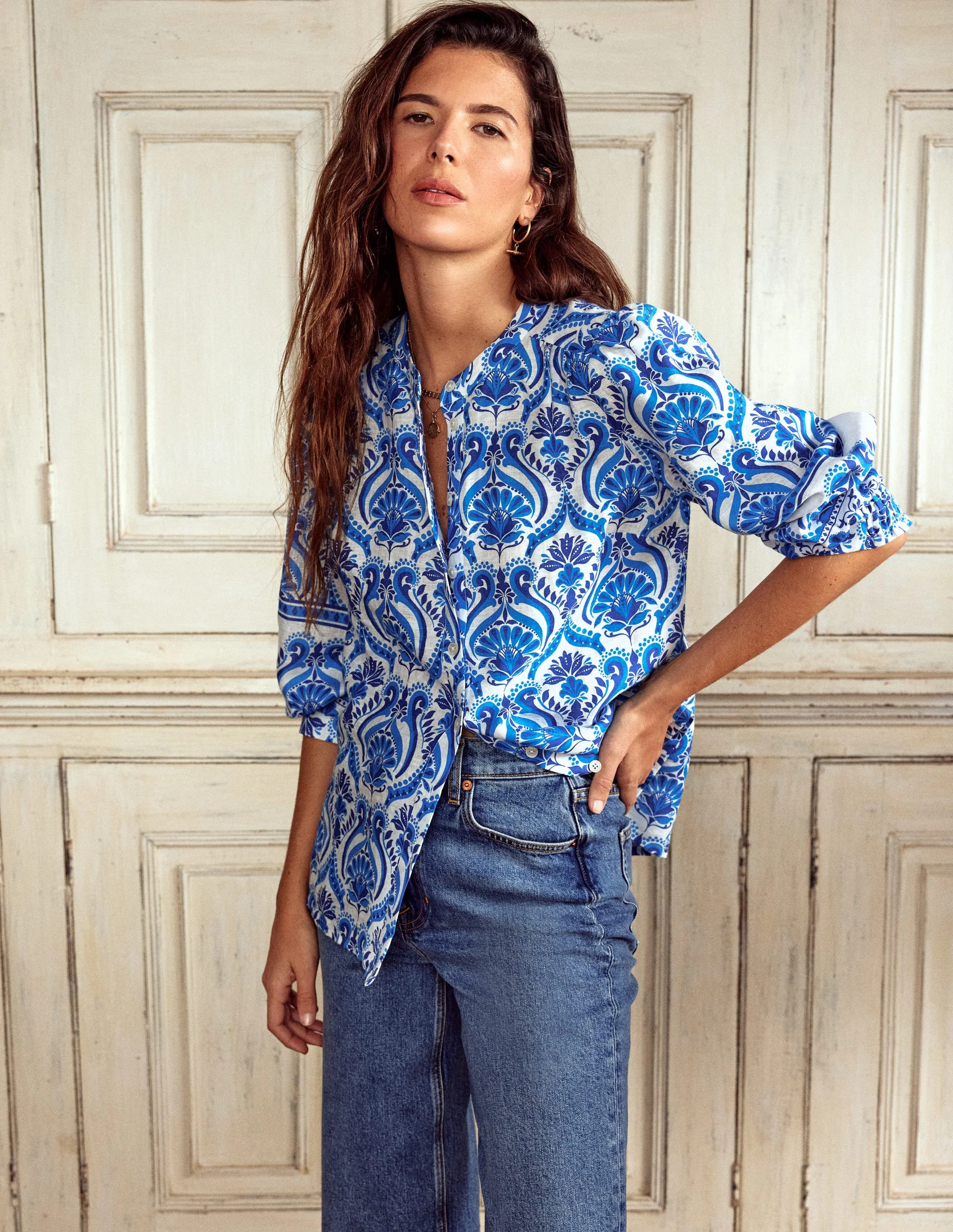 Alicia Linen Top-Blue, Ornamental Floral | Boden (US)