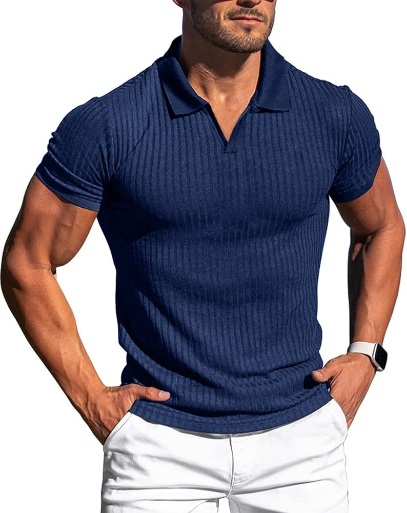 Mens V Neck t Shirts Slim Fit Muscle Polo Shirts for Men Short Sleeve Dry Fit Golf Shirts Casual ... | Amazon (US)