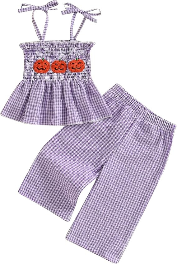 Kayotuas Halloween Toddler Girl Outfits Pumpkin Smocked Spaghetti Strap Tank Top Dress Gingham Pl... | Amazon (US)