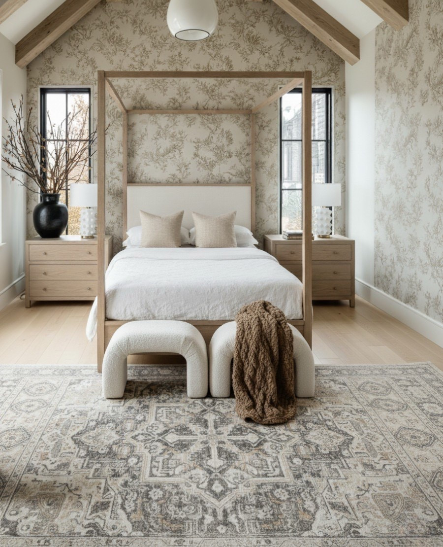 Soft, neutral tones create a calming retreat in this modern organic bedroom 🤍 The light oak canopy bed anchors the space with timeless warmth, paired with linen bedding and textured throw pillows for a layered, lived-in feel. A cozy boucle bench adds soft contrast at the foot of the bed, while a chunky knit blanket brings depth and comfort. Matching oak nightstands with ceramic table lamps and a black vase arrangement complete the balance of clean lines and natural materials. The vintage-style area rug and botanical wallpaper add subtle pattern and charm — perfect for a relaxed yet elevated bedroom look. 

#LTKSaleAlert #LTKHome #LTKFindsUnder100