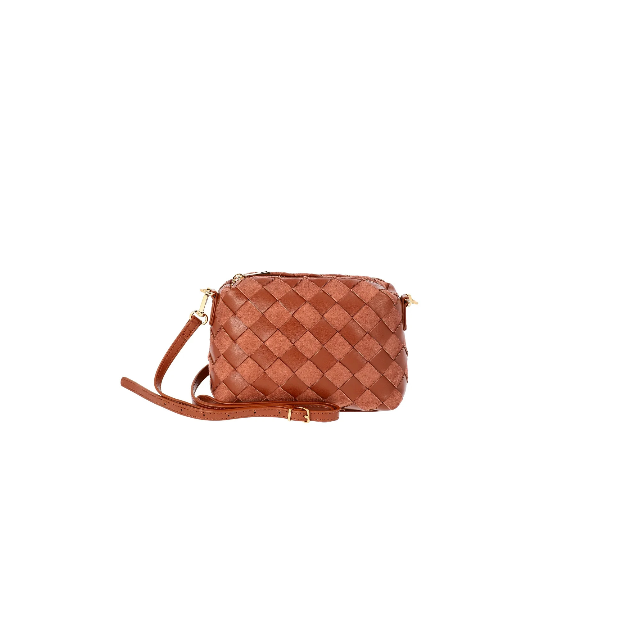 Time and Tru Women's Faux Leather and Suede Woven Camera Crossbody Bag, Cognac | Walmart (US)