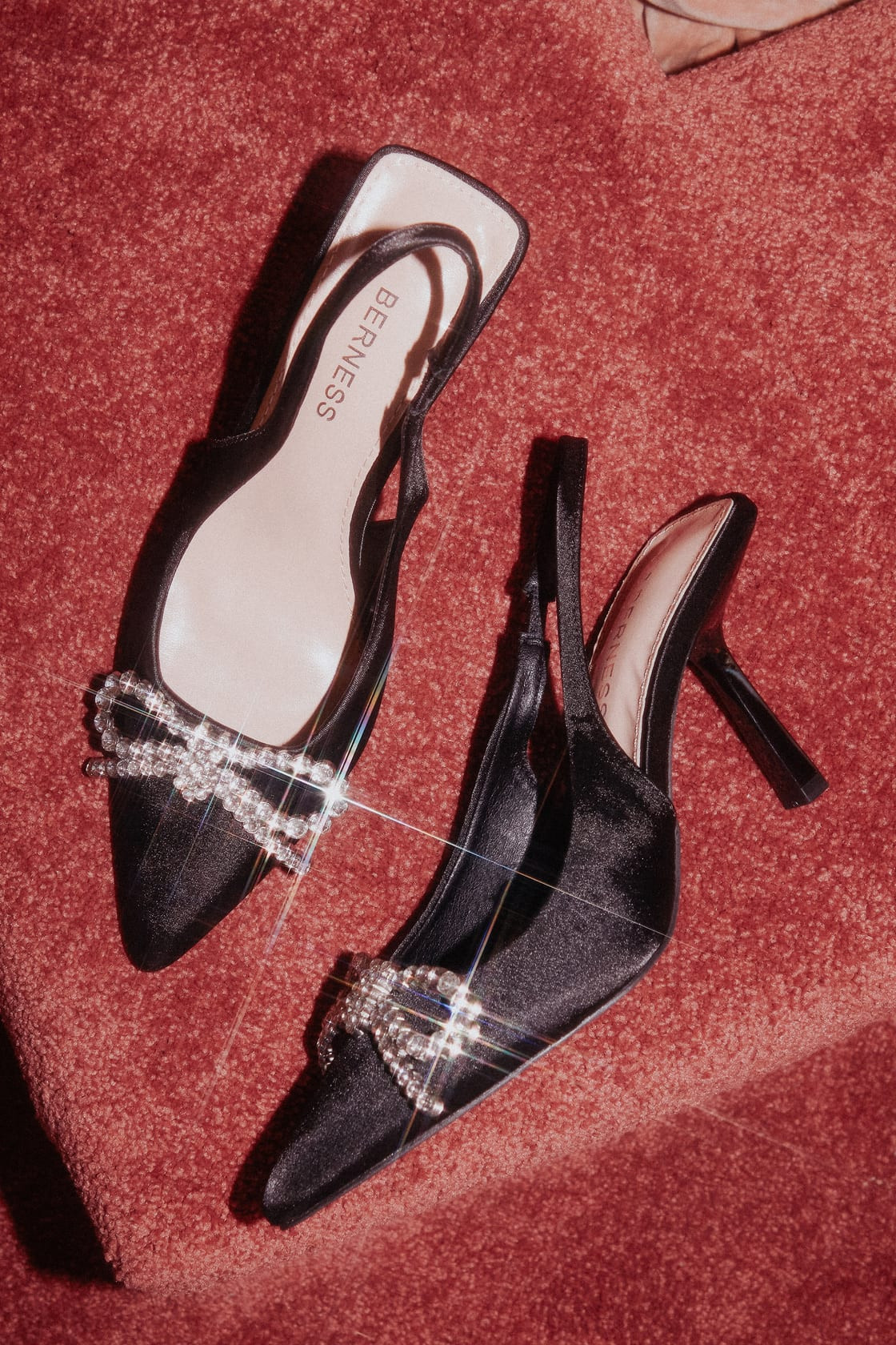 Catrin Black Satin Rhinestone Bow Pointed-Toe Mule Pumps | Lulus