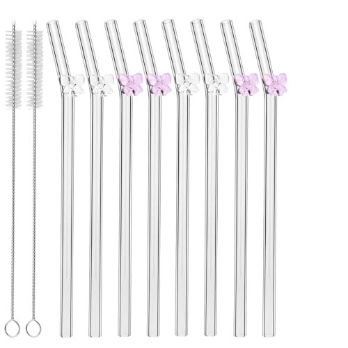 8 Pcs Reusable Glass Straws with Cleaning Brushes Pink Bow Glass Straws Shatter Resistant Straw Coquette Party Decor Bow Party Pretty Bachelorette Decor Bridal Engagement Drinkware (Pink, Clear) | Amazon (US)