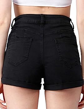 Haola Womens Stretchy Denim Shorts High Waisted Folded Hem Ripped Jeans Shorts | Amazon (US)