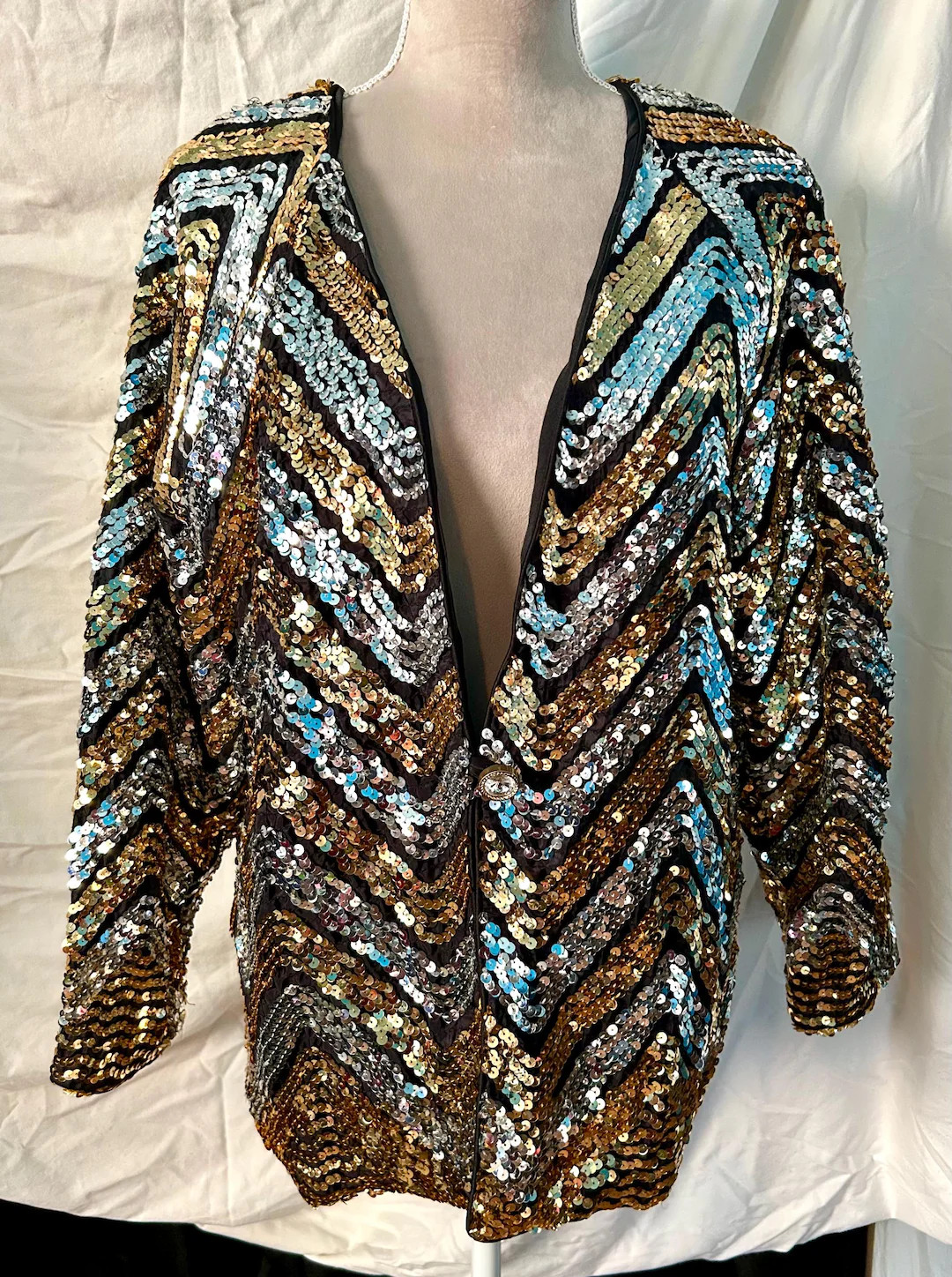 Vintage ‘80s Praise Hymn Glam Black Jacket W/ Silver, Gold Sequin Chevron Pattern, Size M - Ets... | Etsy (US)