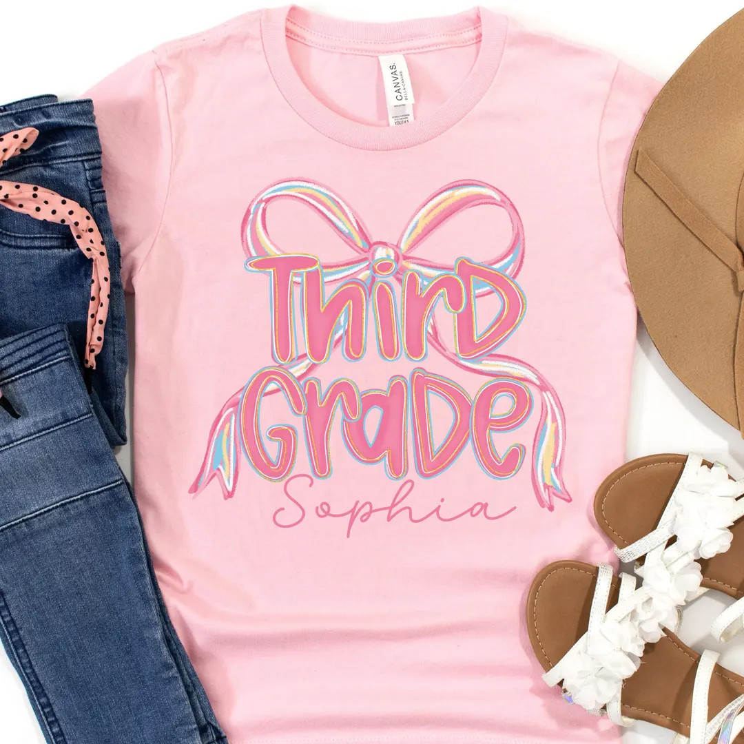 Custom Girl First Day of School 3rd Grade Shirt, Personalized Name Brushstroke Third Grade Pink B... | Etsy (US)