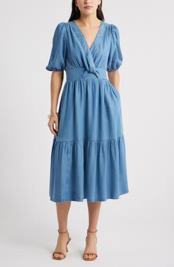 Twist Front Puff Sleeve Chambray Midi Dress | Nordstrom