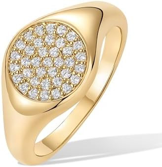 PAVOI 14K Gold Plated Signet Ring for Women - Pinky Ring with Round Cubic Zirconia - Dainty Light... | Amazon (US)
