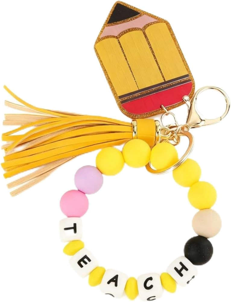 Teacher Keychain For Women, Teach Cartoon Pencil Tassel Silicone Beading Colorful Wristband Walle... | Amazon (US)