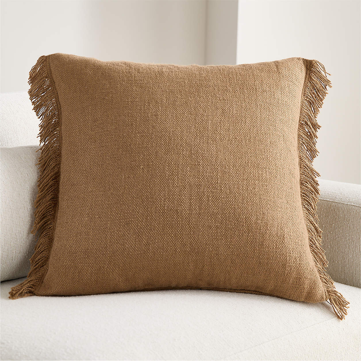 Casual Textured Fringe 23"x23" Camel Tan Throw Pillow Cover + Reviews | Crate & Barrel | Crate & Barrel