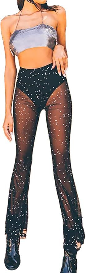 Anlaey Rave Mesh Sheer Dance Pants Sparkly Sequin Flared Bell Bottom Pants High Waist Festival Cl... | Amazon (US)