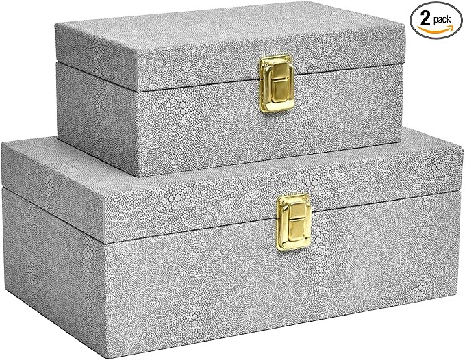 Faux Shagreen Leather Decorative Storage Boxes Set of 2, Light Grey | Amazon (US)