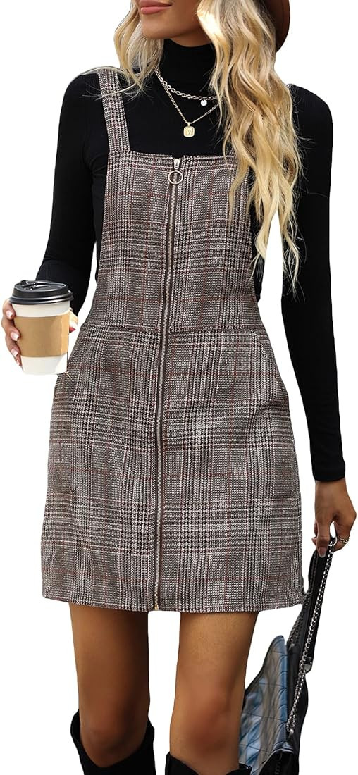 Floerns Women's Casual Tartan Print Zip Up Sleeveless Pinafore Overall Dress | Amazon (US)