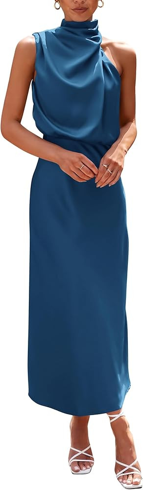 PRETTYGARDEN Women's 2025 Summer Satin Dress Elegant Sleeveless Mock Neck Cocktail Party Maxi Dre... | Amazon (US)