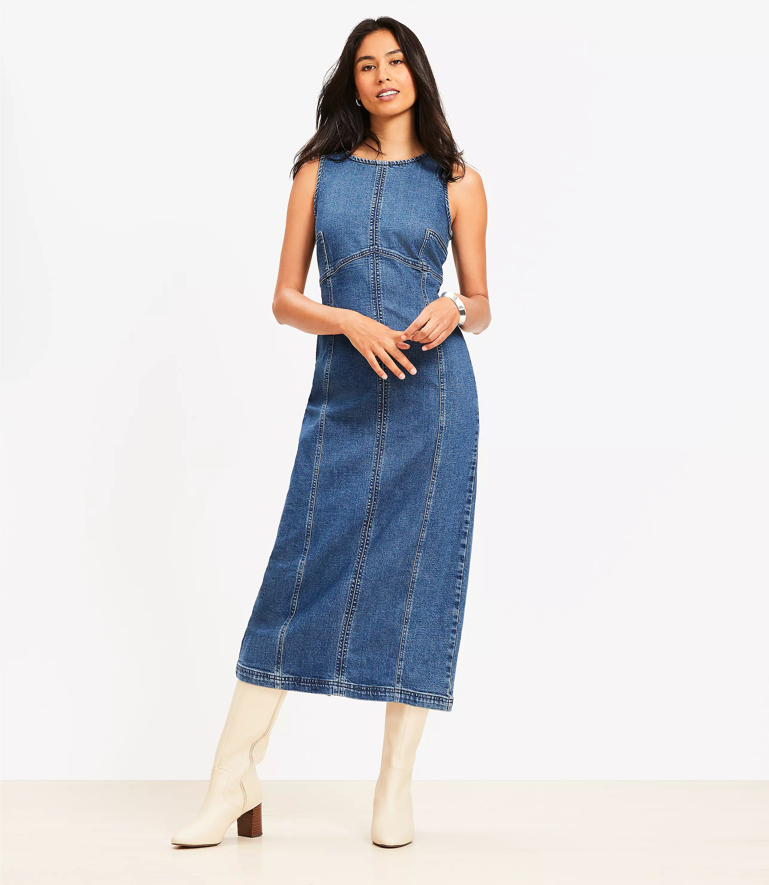 Petite Seamed Denim Midi Dress in Classic Mid Wash | LOFT