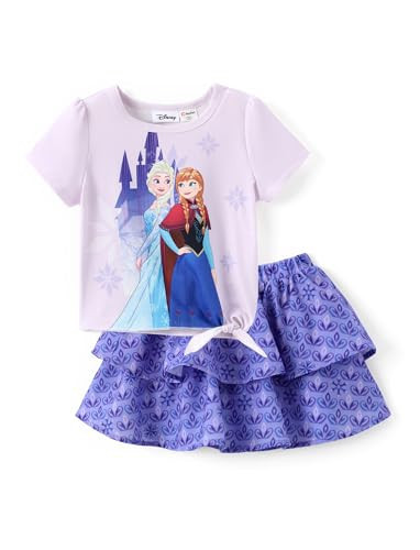 Disney Frozen Toddler Girl Dress： Elsa 2PCS Skirt Set Summer T-shirt Dress Short Sleeves Tie Knot Top and Tiered Ruffle Skirts Outfit Purple 3-4t | Amazon (US)