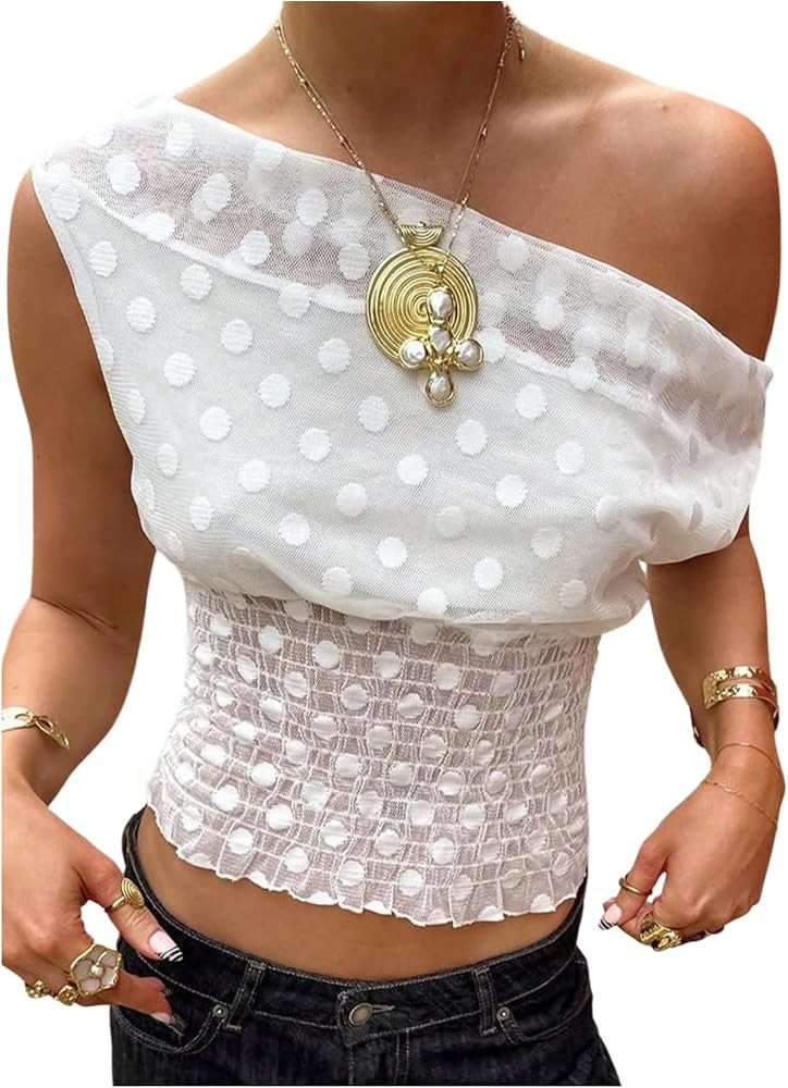 GORGLITTER Women's Polka Dots Off The Shoulder Top Mesh Sheer Cinched Waist Tops Smocked Cute Sum... | Amazon (US)