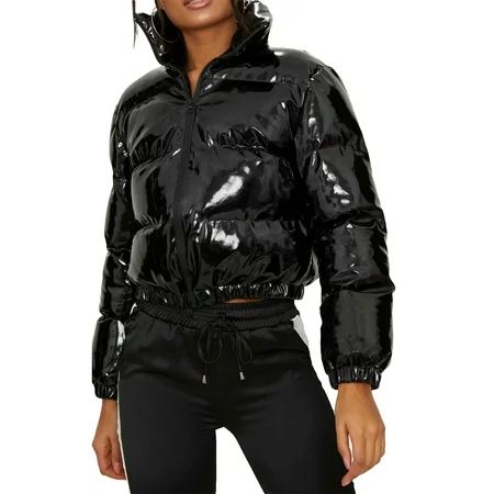 Jamlynbo Women Long Sleeve Zip-Up Stand Collar Cropped Bubble Down Coats Shiny Metallic Quilted Wint | Walmart (US)