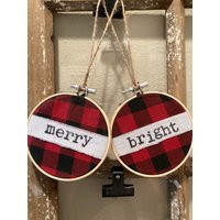 Handmade Buffalo Plaid Merry Bright Wooden Embroidery Hoop Ornaments | Etsy (US)