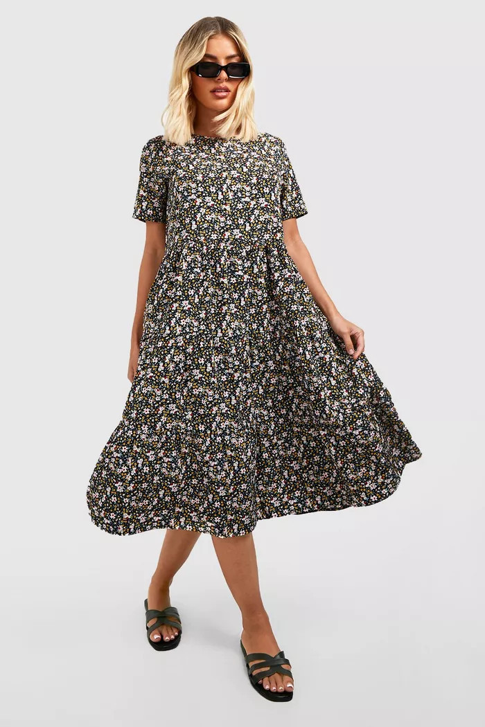 Floral Print Smock Midi Dress | Boohoo.com (UK & IE)