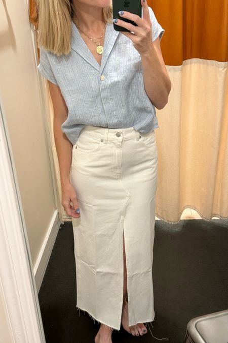 If your looking for a long white Jean skirt, I found it. This maxi skirt also comes into other blue washes.  I’m also a huge fan of a cropped sleeve button-down for the summer months.

#SummerOutfit #jeanSkirt #Jeans #whiteskirt #whitejeans #SpringOutfit #Madewell 

#LTKxMadewell #LTKSeasonal #LTKStyleTip