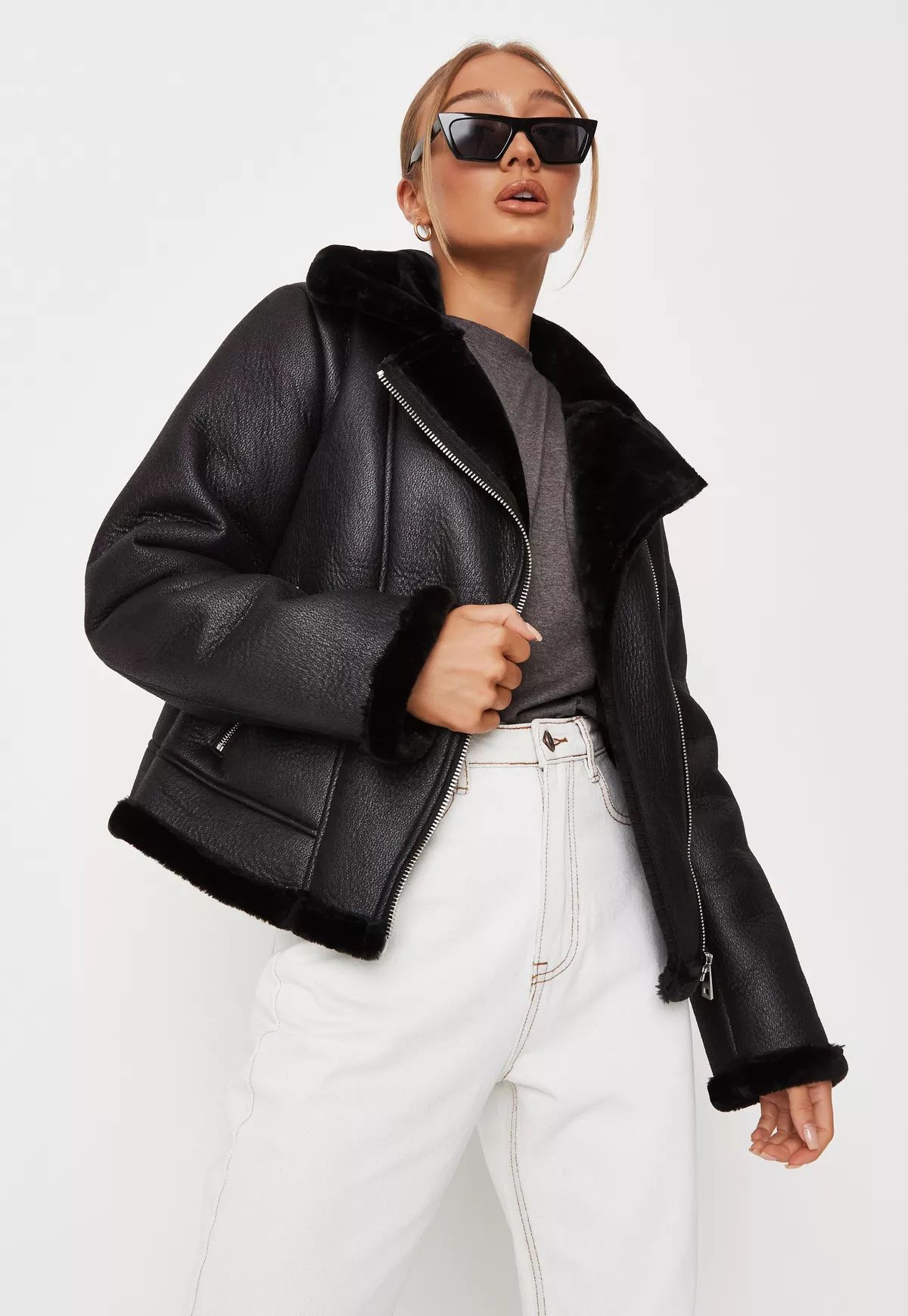 Tall Black Faux Leather Aviator Jacket | Missguided (US & CA)