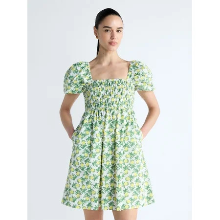 Free Assembly Women's and Women's Plus Smocked Cotton Peasant Mini Dress with Puff Sleeves, Sizes XS-4X | Walmart (US)
