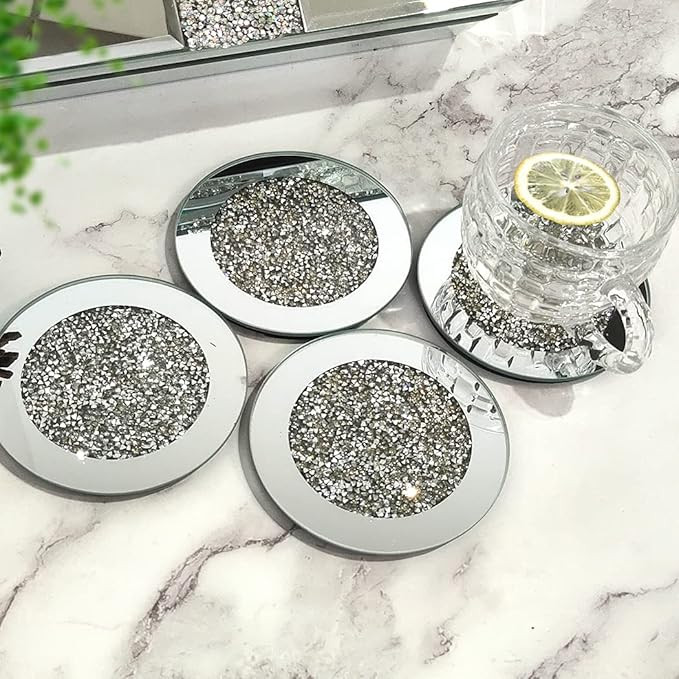 GIMORRTO Glass Mirrored Coaster 4 Set 4x4inch, Crushed Diamond Cup Mat Decor on Tabletop for Rest... | Amazon (US)