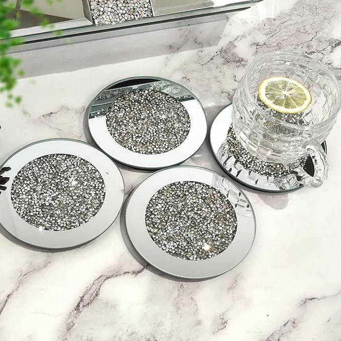 GIMORRTO Glass Mirrored Coaster 4 Set 4x4inch, Crushed Diamond Cup Mat Decor on Tabletop for Rest... | Amazon (US)