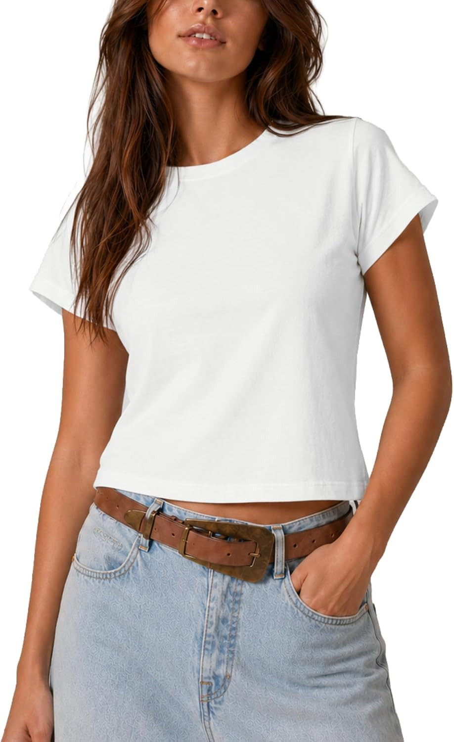 FAIABLE Womens Baby Tee,Cotton Stretch Cropped T Shirts,Crewneck Basic Crop Tees,Casual Short Sleeve Tops for Women | Amazon (US)