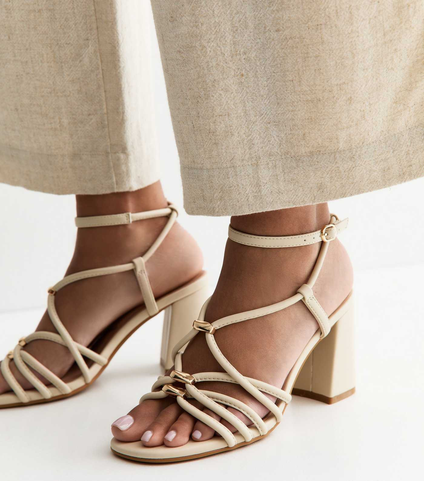 Off White Faux Leather Strappy Hardware Block Heel Sandals | New Look | New Look (UK)