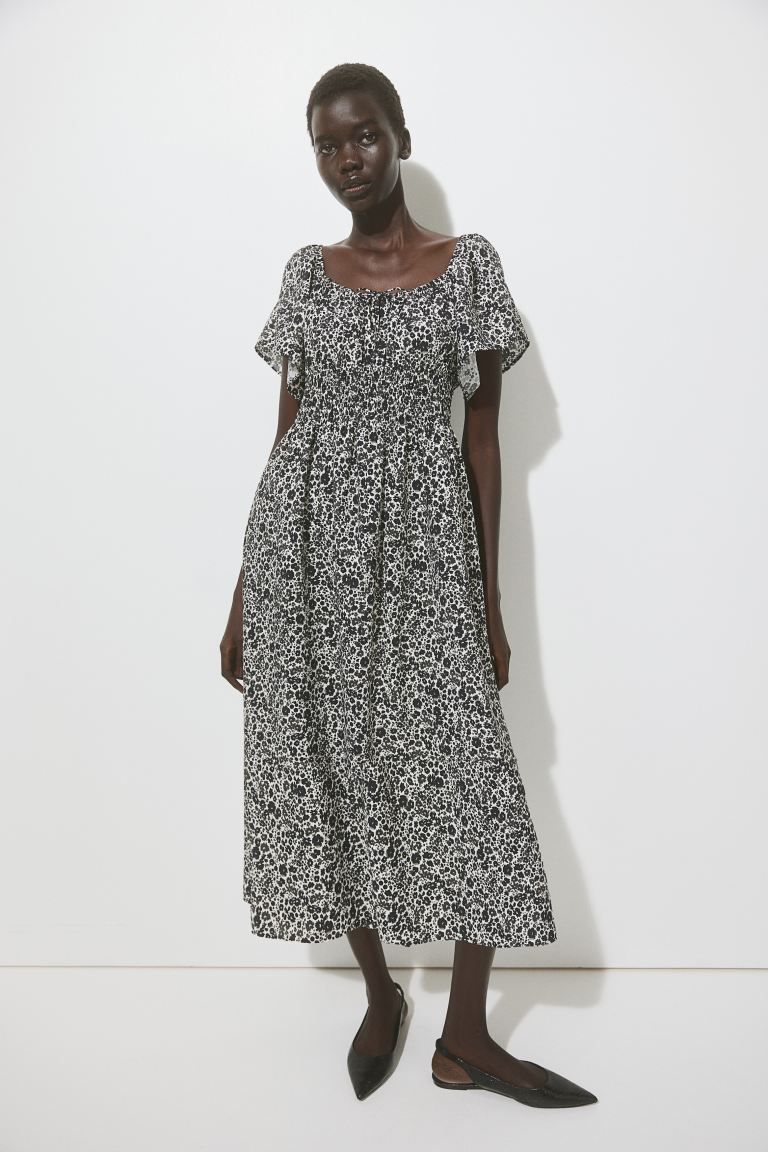 Smocked-waist Midi Dress - White/black floral - Ladies | H&M US | H&M (US + CA)