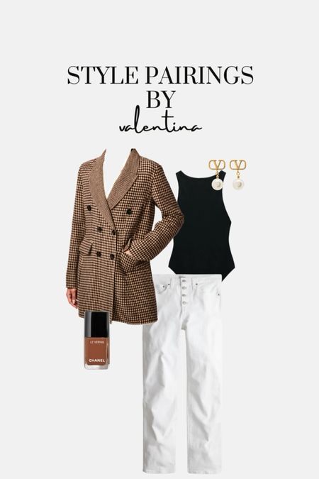 New in, style pairings, new season, aw22, fall styles, fall fashion, outfit inspiration, black body suit, Valentino earrings, white jeans, Chanel nail varnish, houndtooth blazer 

#LTKstyletip #LTKSeasonal