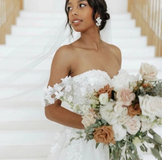 CELENA // White Flower Wedding Earrings,Long floral Bride Earrings, Bridal Statement Earrings, We... | Etsy (US)