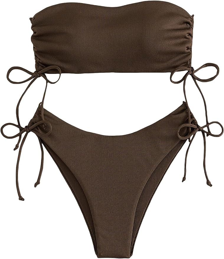 MakeMeChic Women's 2 Piece Bandeau Swimsuits Ribbed Tie Side Lace Up Strapless Bandeau Bikini Set | Amazon (US)