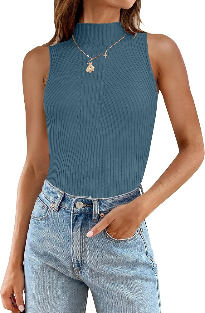 ZESICA Womens Summer Casual Ribbed Tank Tops Mock Turtle Neck Slim Fitted Basic Knit Sleeveless S... | Amazon (US)