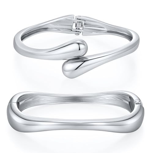2Pcs Silver Bangle Bracelets for Women Trendy 14K Silver Plated Cuff Bracelets Stack, Dainty Silver Bracelet Sets Non Tarnish Fashion Jewelry Gift | Amazon (US)