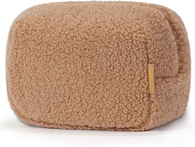 BAGSMART Makeup Bag Small Brown Cute Bag - Gifts for Women, Compact Winter Sherpa Warm Soft Puffy... | Amazon (US)