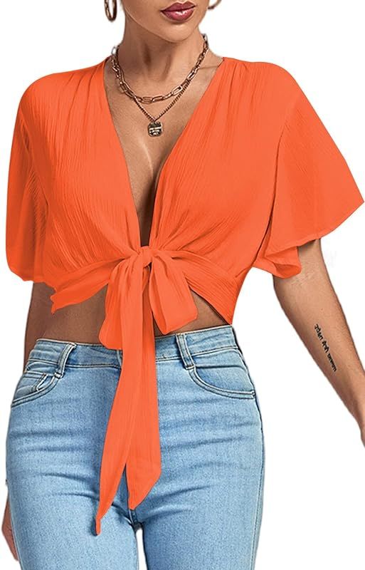 LYANER Women's Deep V Neck Tie Front Knot Wrap Ruffle Short Sleeeve Crop Top Blouse | Amazon (US)