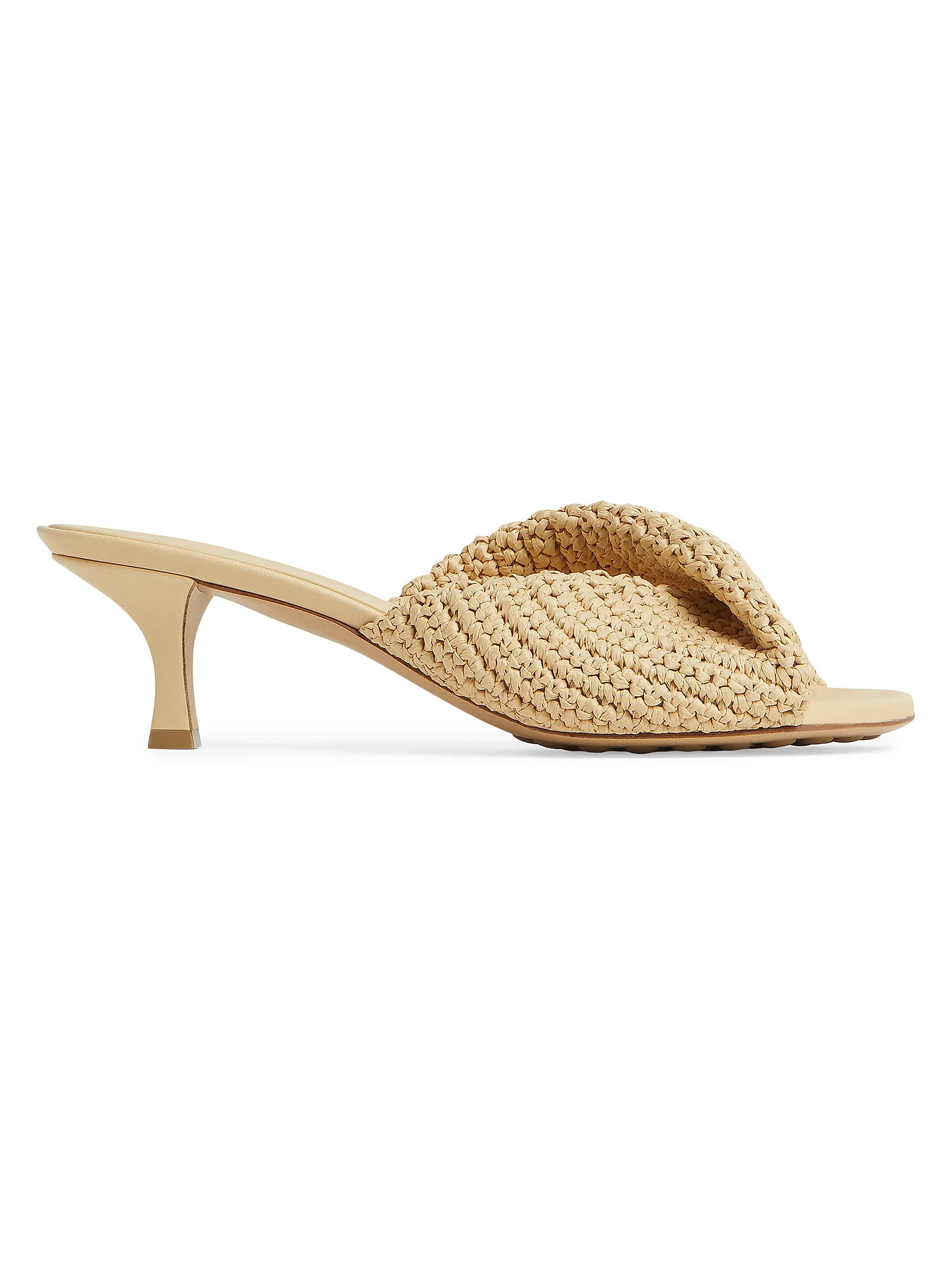Bottega Veneta Blink 50MM Woven Raffia &amp; Leather Twist Mules | Saks Fifth Avenue | Saks Fifth Avenue