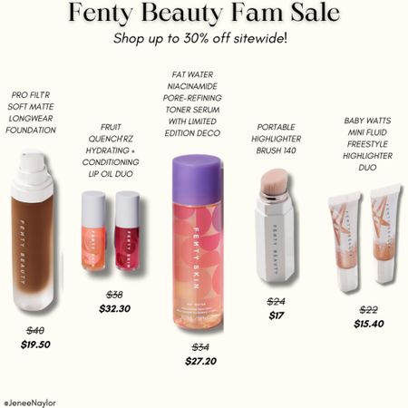 Shop the Fenty Beauty Fam Sale for up to 30% off on select Fenty Beauty products! 

Some products included in the sale: 
-Soft Matte Longwear Foundation
-Hydrating + Conditioning Lip Oil Duo
-Pore Refining Toner Serumm
-Highlighter Brush
-Fluid Freestyle Highlighter Duo

#LTKbeauty #LTKsalealert #LTKfindsunder100