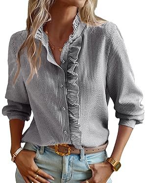 Women's Ruffled Collar Shirt Striped Stand Collar Long Sleeve Button Down Blouse Dressy Office Wo... | Amazon (US)