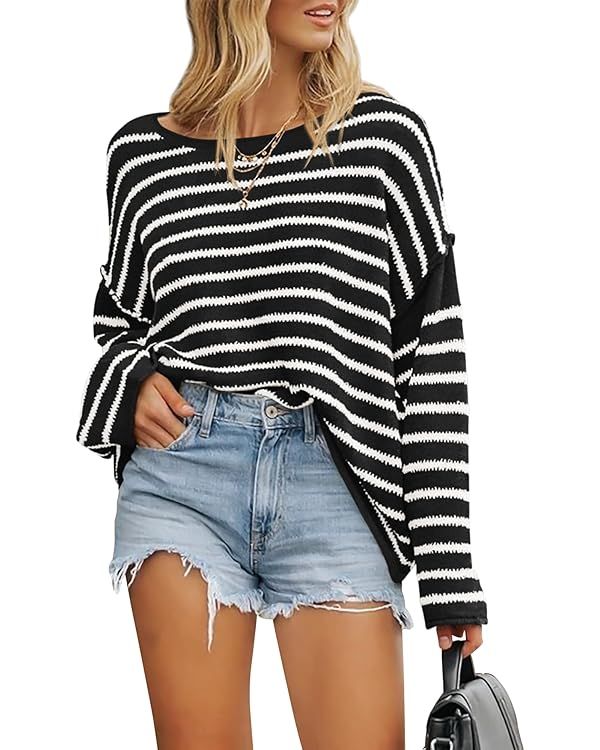 BTFBM Women's Striped Knit Sweaters 2024 Fall Winter Crew Neck Drop Shoulder Long Sleeve Loose Fi... | Amazon (US)